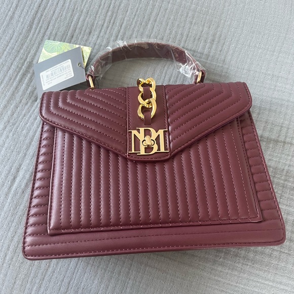 Quilted Top-Handle Satchel in Burgundy with Gold Hardware - Picture 2 of 3